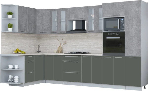 Изображение товара Кухонный гарнитур Интерлиния Мила Пластик 1.68x3.4 LV (оксид темный/шторм/травертин серый)