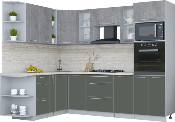 Изображение товара Кухонный гарнитур Интерлиния Мила Пластик 1.88x2.6 LV (оксид темный/шторм/травертин серый)