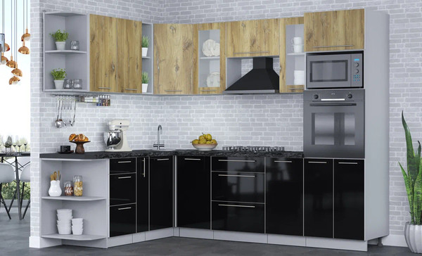 Изображение товара Кухонный гарнитур Интерлиния Мила Пластик 1.88x2.6 LV (дуб эпоксид/черный/кастилло темный)