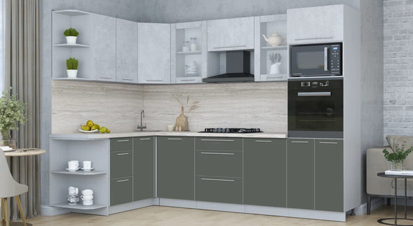 Изображение товара Кухонный гарнитур Интерлиния Мила Пластик 1.68x2.8 LV (оксид светлый/шторм/травертин серый)