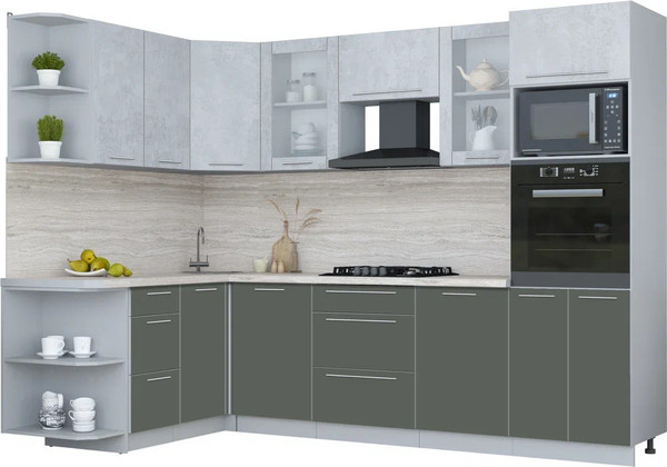 Изображение товара Кухонный гарнитур Интерлиния Мила Пластик 1.68x2.8 LV (оксид светлый/шторм/травертин серый)