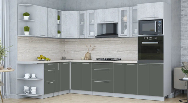 Изображение товара Кухонный гарнитур Интерлиния Мила Пластик 1.88x3.0 LV (оксид светлый/шторм/травертин серый)