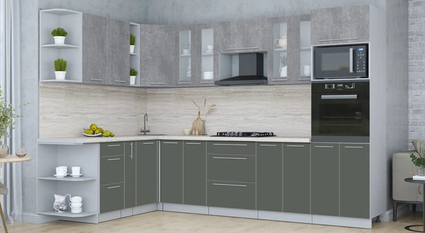 Изображение товара Кухонный гарнитур Интерлиния Мила Пластик 1.88x3.0 LV (оксид темный/шторм/травертин серый)