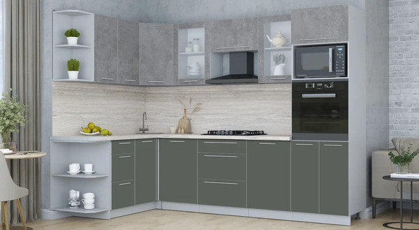 Изображение товара Кухонный гарнитур Интерлиния Мила Пластик 1.68x2.8 LV (оксид темный/шторм/травертин серый)