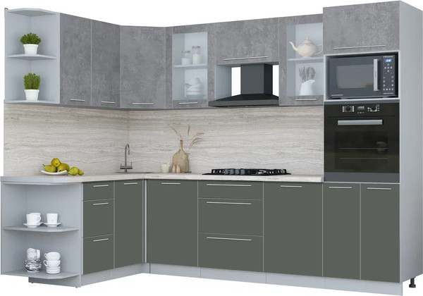 Изображение товара Кухонный гарнитур Интерлиния Мила Пластик 1.68x2.8 LV (оксид темный/шторм/травертин серый)