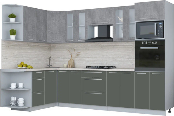 Изображение товара Кухонный гарнитур Интерлиния Мила Пластик 1.68x3.0 LV (оксид темный/шторм/травертин серый)