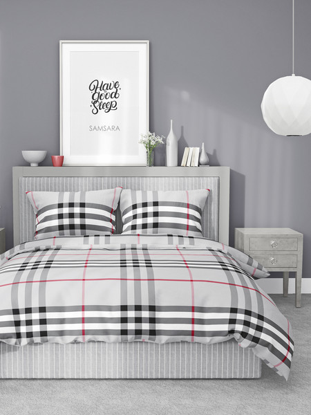 Изображение товара Комплект постельного белья Samsara Burberry серый 1.5сп (простыня на резинке)