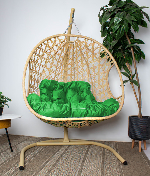 Изображение товара Кресло подвесное M-Group Для двоих Люкс / 11510504 (бежевый ротанг/зеленая подушка)