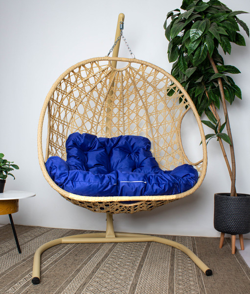 Изображение товара Кресло подвесное M-Group Для двоих Люкс / 11510510 (бежевый ротанг/синяя подушка)