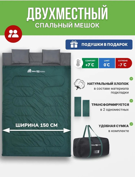 Изображение товара Спальный мешок RSP Outdoor Family 350 Double / SB-FAM-350-DBL-GN (зеленый)