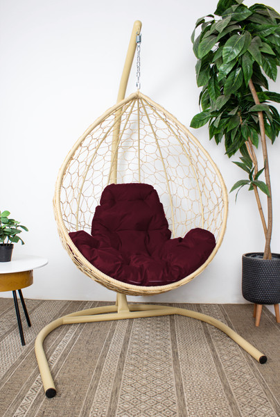 Изображение товара Кресло подвесное M-Group Капля / 11020502 (бежевый ротанг/бордовая подушка)