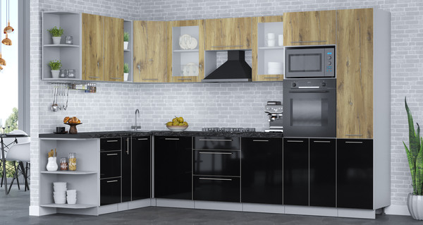 Изображение товара Кухонный гарнитур Интерлиния Мила Пластик 1.88x3.2 LV (дуб эпоксид/черный/кастилло темный)