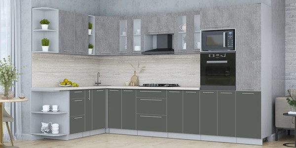 Изображение товара Кухонный гарнитур Интерлиния Мила Пластик 1.88x3.4 LV (оксид темный/шторм/травертин серый)