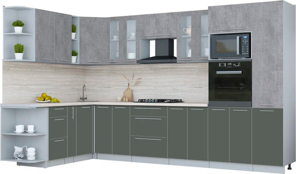 Изображение товара Кухонный гарнитур Интерлиния Мила Пластик 1.88x3.4 LV (оксид темный/шторм/травертин серый)