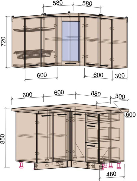 Изображение товара Кухонный гарнитур Интерлиния Мила Пластик 1.2x1.2 (оксид светлый/оксид светлый/серый каспий)