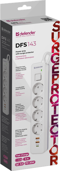 Изображение товара Сетевой фильтр Defender DFS 143 / 99434 (3м, 4 розетки, белый)