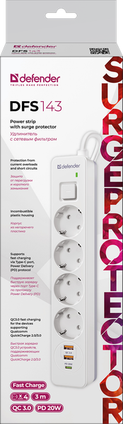 Изображение товара Сетевой фильтр Defender DFS 143 / 99434 (3м, 4 розетки, белый)
