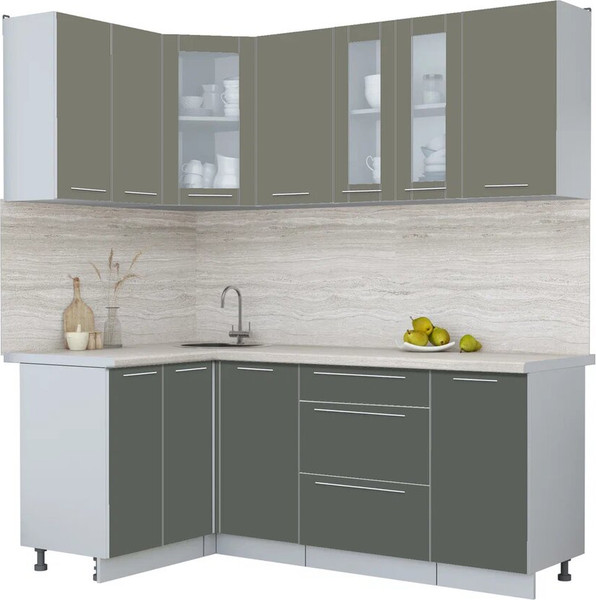 Изображение товара Кухонный гарнитур Интерлиния Мила Пластик 1.2x2.0 (кварцевый/шторм/травертин серый)