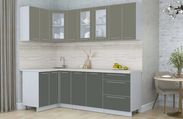 Изображение товара Кухонный гарнитур Интерлиния Мила Пластик 1.2x2.3 (кварцевый/шторм/травертин серый)