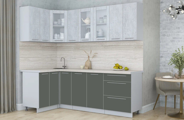 Изображение товара Кухонный гарнитур Интерлиния Мила Пластик 1.2x2.3 (оксид светлый/шторм/травертин серый)