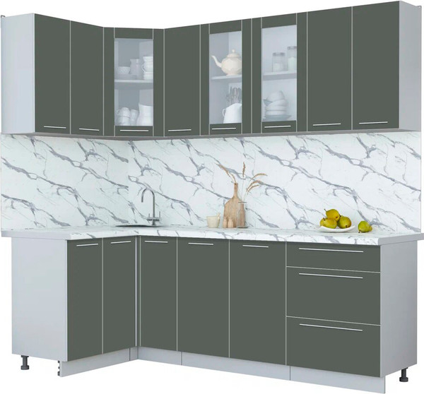 Изображение товара Кухонный гарнитур Интерлиния Мила Пластик 1.2x2.3 (шторм/шторм/белый гранит)