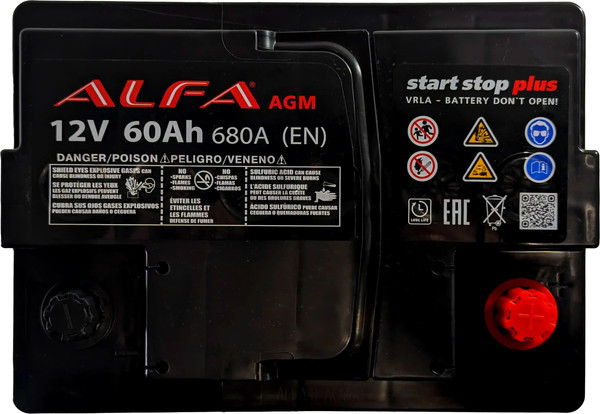 Изображение товара Автомобильный аккумулятор ALFA battery AGM R+ 680А / AGM-L2 (60 А/ч)