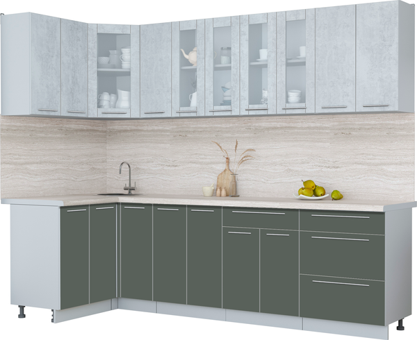Изображение товара Кухонный гарнитур Интерлиния Мила Пластик 1.2x2.7 (оксид светлый/шторм/травертин серый)