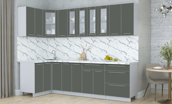 Изображение товара Кухонный гарнитур Интерлиния Мила Пластик 1.2x2.7 (шторм/шторм/белый гранит)