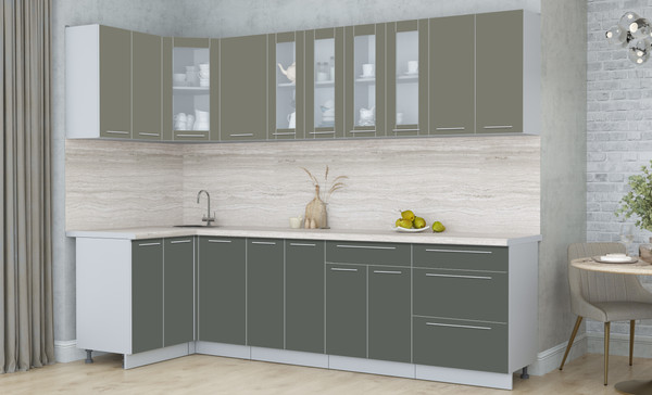 Изображение товара Кухонный гарнитур Интерлиния Мила Пластик 1.2x2.8 (кварцевый/шторм/травертин серый)