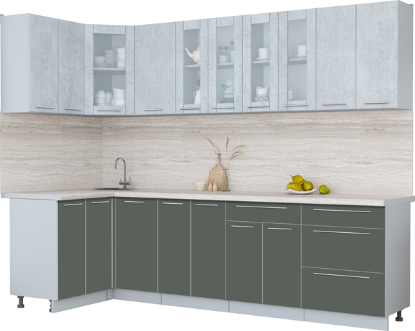 Изображение товара Кухонный гарнитур Интерлиния Мила Пластик 1.2x2.8 (оксид светлый/шторм/травертин серый)