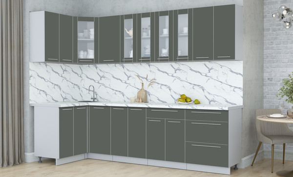 Изображение товара Кухонный гарнитур Интерлиния Мила Пластик 1.2x2.8 (шторм/шторм/белый гранит)