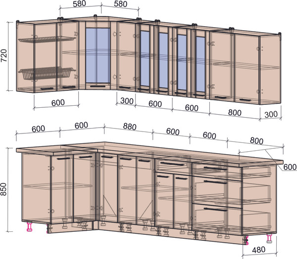Изображение товара Кухонный гарнитур Интерлиния Мила Пластик 1.2x2.9 (зефирный/зефирный/кастилло темный)