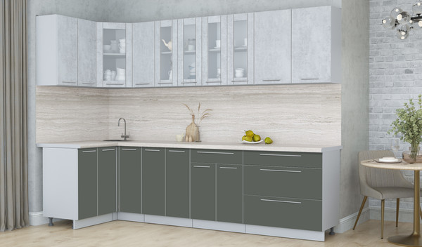 Изображение товара Кухонный гарнитур Интерлиния Мила Пластик 1.2x2.9 (оксид светлый/шторм/травертин серый)