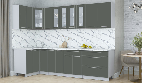 Изображение товара Кухонный гарнитур Интерлиния Мила Пластик 1.2x2.9 (шторм/шторм/белый гранит)