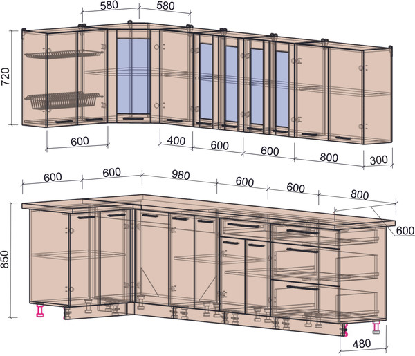 Изображение товара Кухонный гарнитур Интерлиния Мила Пластик 1.2x3.0 (зефирный/зефирный/кастилло темный)
