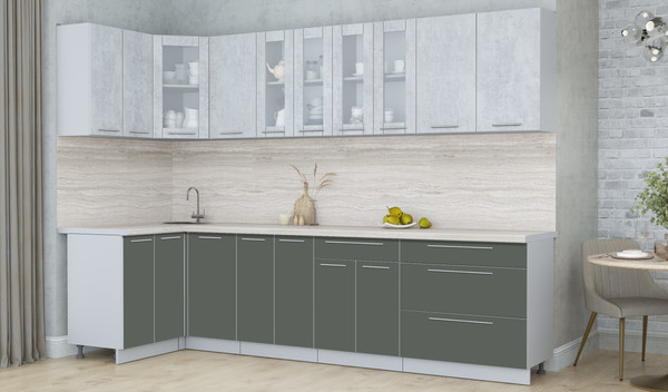 Изображение товара Кухонный гарнитур Интерлиния Мила Пластик 1.2x3.0 (оксид светлый/шторм/травертин серый)