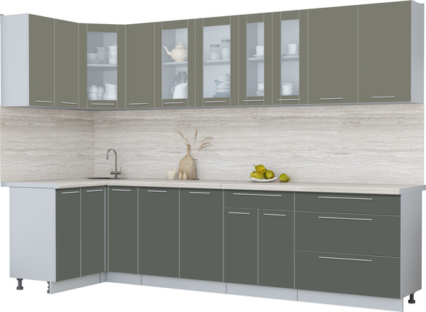 Изображение товара Кухонный гарнитур Интерлиния Мила Пластик 1.2x3.1 (кварцевый/шторм/травертин серый)