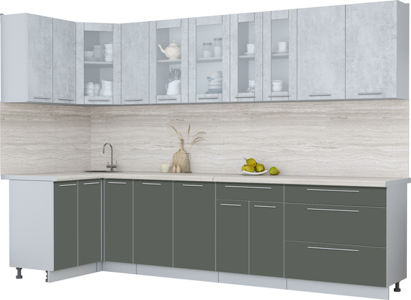 Изображение товара Кухонный гарнитур Интерлиния Мила Пластик 1.2x3.1 (оксид светлый/шторм/травертин серый)