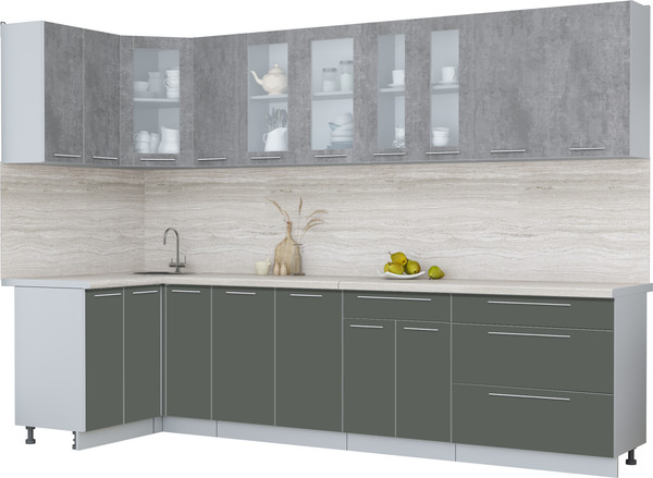 Изображение товара Кухонный гарнитур Интерлиния Мила Пластик 1.2x3.1 (оксид темный/шторм/травертин серый)