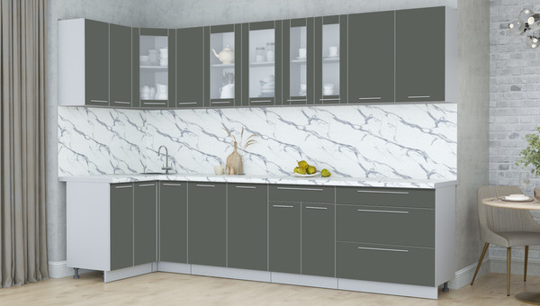 Изображение товара Кухонный гарнитур Интерлиния Мила Пластик 1.2x3.1 (шторм/шторм/белый гранит)