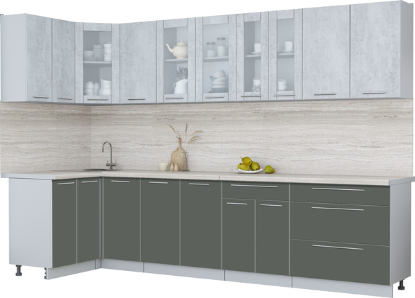 Изображение товара Кухонный гарнитур Интерлиния Мила Пластик 1.2x3.2 (оксид светлый/шторм/травертин серый)
