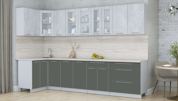 Изображение товара Кухонный гарнитур Интерлиния Мила Пластик 1.2x3.2 (оксид светлый/шторм/травертин серый)