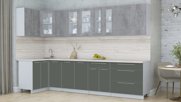 Изображение товара Кухонный гарнитур Интерлиния Мила Пластик 1.2x3.2 (оксид темный/шторм/травертин серый)