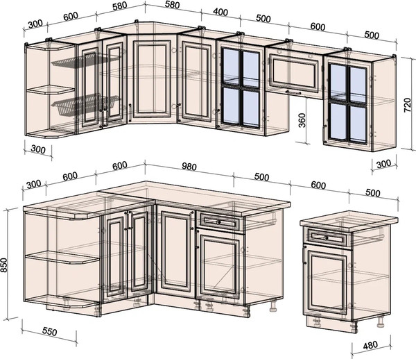 Изображение товара Кухонный гарнитур Интерлиния Мила Шато 1.5x2.6 LV (океан/керамика/опал светлый)