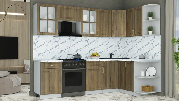 Изображение товара Кухонный гарнитур Интерлиния Мила Шато 1.5x2.6 PR (дуб вотан/дуб вотан/белый гранит)