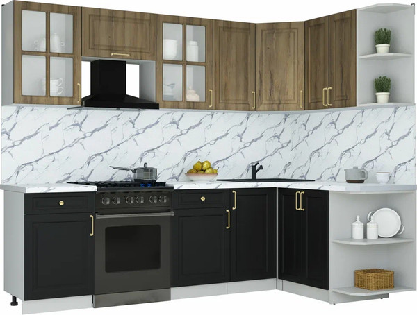 Изображение товара Кухонный гарнитур Интерлиния Мила Шато 1.5x2.6 PR (дуб вотан/черный/белый гранит)