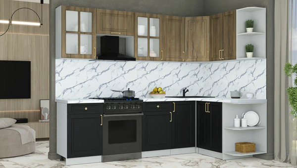 Изображение товара Кухонный гарнитур Интерлиния Мила Шато 1.5x2.6 PR (дуб вотан/черный/белый гранит)