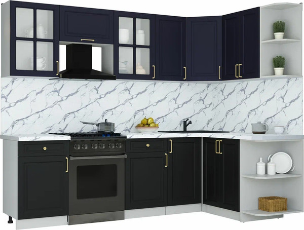 Изображение товара Кухонный гарнитур Интерлиния Мила Шато 1.5x2.6 PR (индиго/черный/белый гранит)
