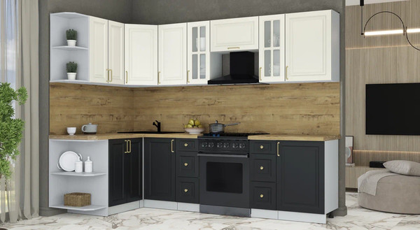 Изображение товара Кухонный гарнитур Интерлиния Мила Шато 1.5x2.7 LV (белый/черный/дуб бунратти)
