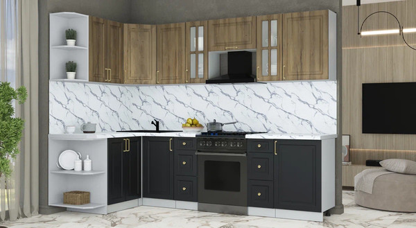 Изображение товара Кухонный гарнитур Интерлиния Мила Шато 1.5x2.7 LV (дуб вотан/черный/белый гранит)